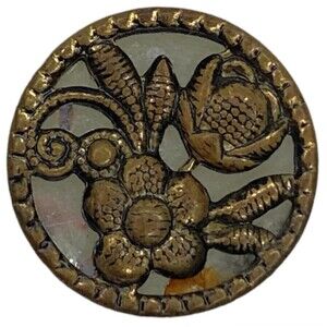 Vintage Metal Button Brass Flower Bud Leaves Openwork Self Shank 2 piece